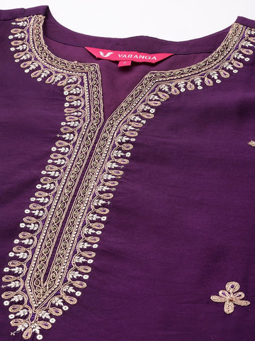 Varanga Purple Kurta With Embroidery Paired With Straight Trouser And Chiffon Dupatta
